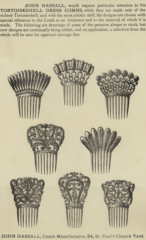 Advertisement for John Hassall Tortoiseshell Dress Combs by English School