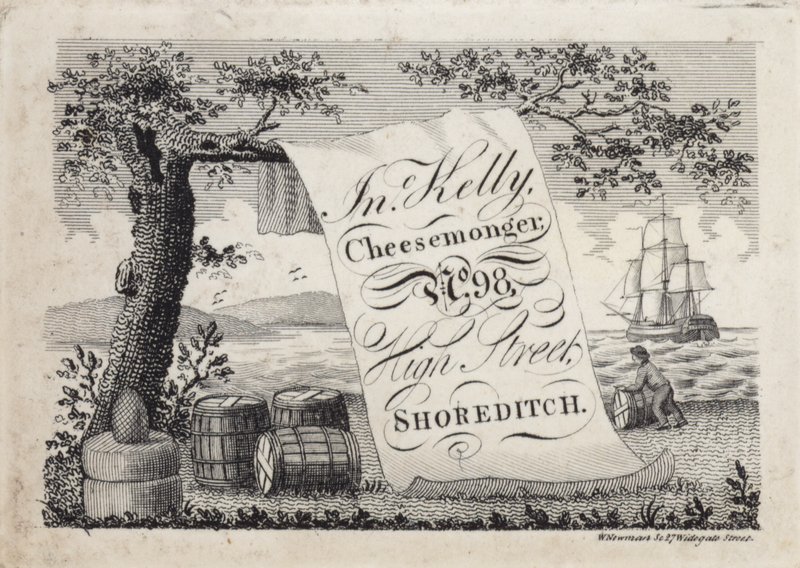Advertisement for John Kelly, Cheesemonger, 98 High Street, Shoreditch, London by English School