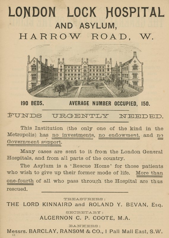 Advertisement for London Lock Hospital and Asylum, Harrow Road, London by English School