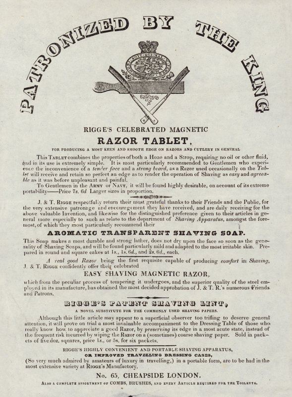 Advertisement for Rigges Celebrated Magnetic Razor Tablet by English School