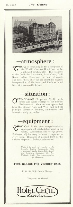 Advertisement for the Hotel Cecil, London by English School