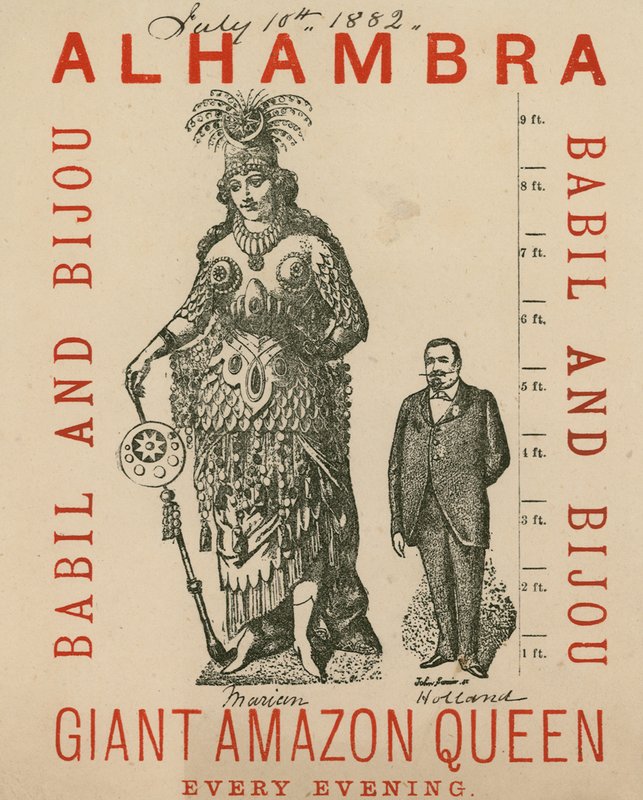 Advertisement for the Royal Alhambra Theatre, featuring Babil and Bijou, Giant Amazon Queen by English School