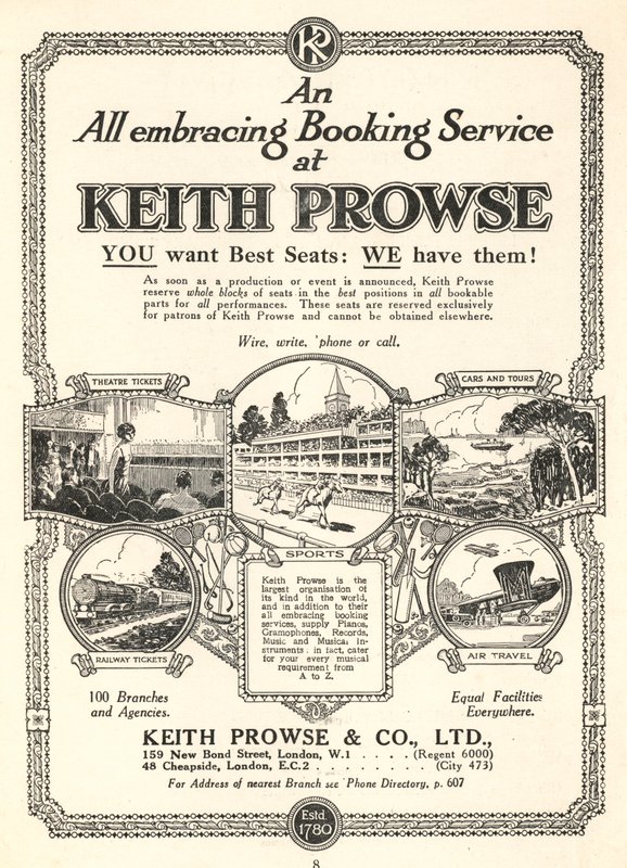 Advertisement for the ticket booking services of Keith Prowse & Co, Ltd by English School