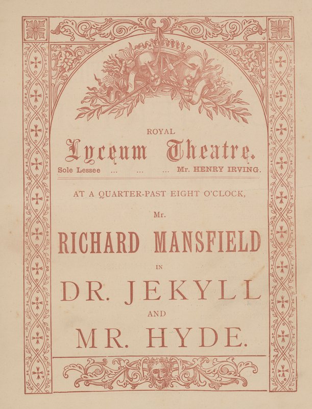 Advertising card for the Lyceum Theatre, Dr Jekyll and Mr Hyde starring Richard Mansfield by English School