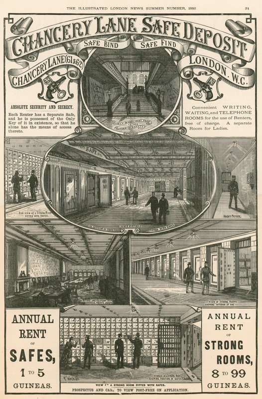 Advertising for the Chancery Lane Safe Deposit, 61-62 Chancery Lane, London by English School