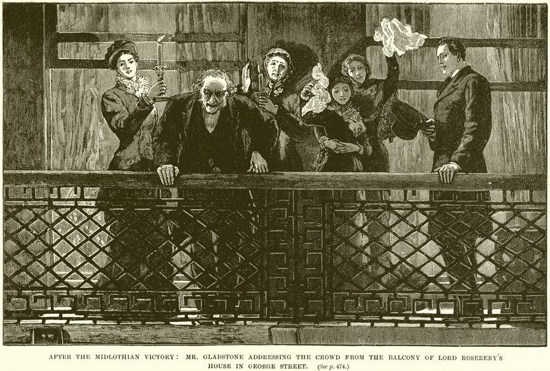 After the Midlothian Victory: Mr. Gladstone addressing the Crowd from the Balcony of Lord Roseberys House in George Street by English School