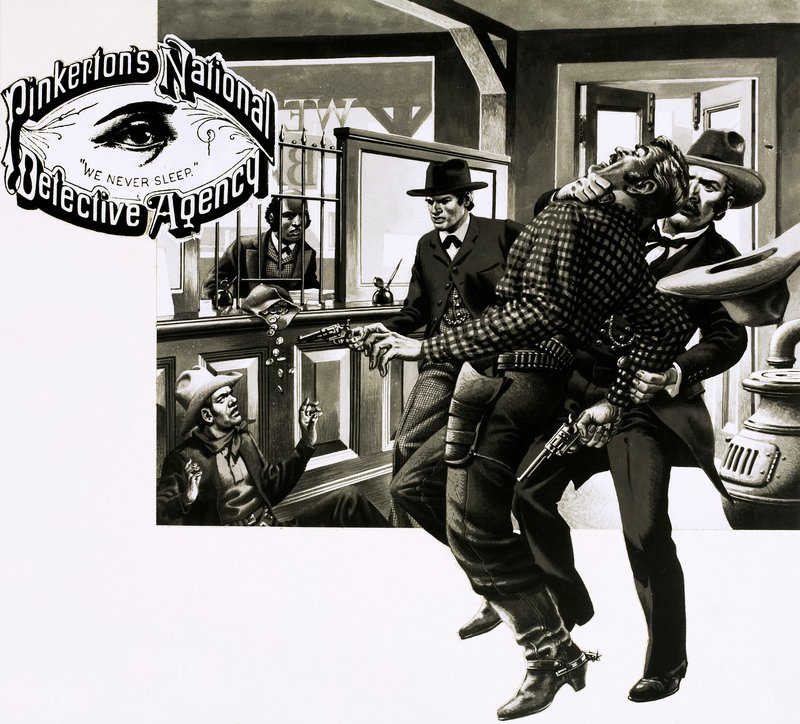 Agents of the Pinkerton Detective Agency arresting bank robbers by English School