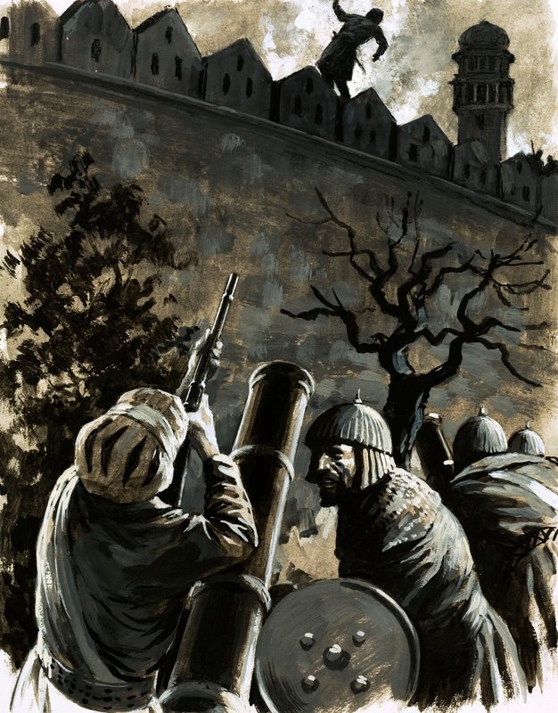 Akbar, King of Hindustan, called for a musket and, taking aim, killed Jaimal, the commander of the fort by English School