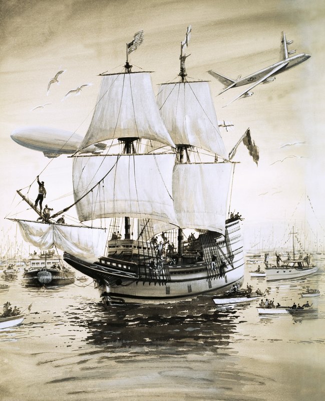 Alan Villiers recreates the Mayflower of the Pilgrim Fathers and sails across the Atlantic by English School
