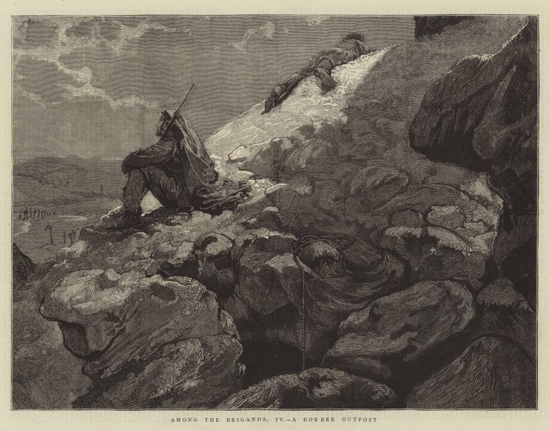 Among the Brigands, IV, A Robber Outpost (engraving) by English School