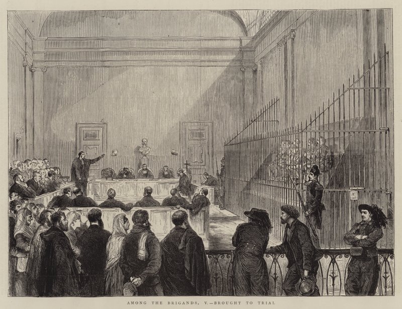Among the Brigands, V, brought to Trial (engraving) by English School
