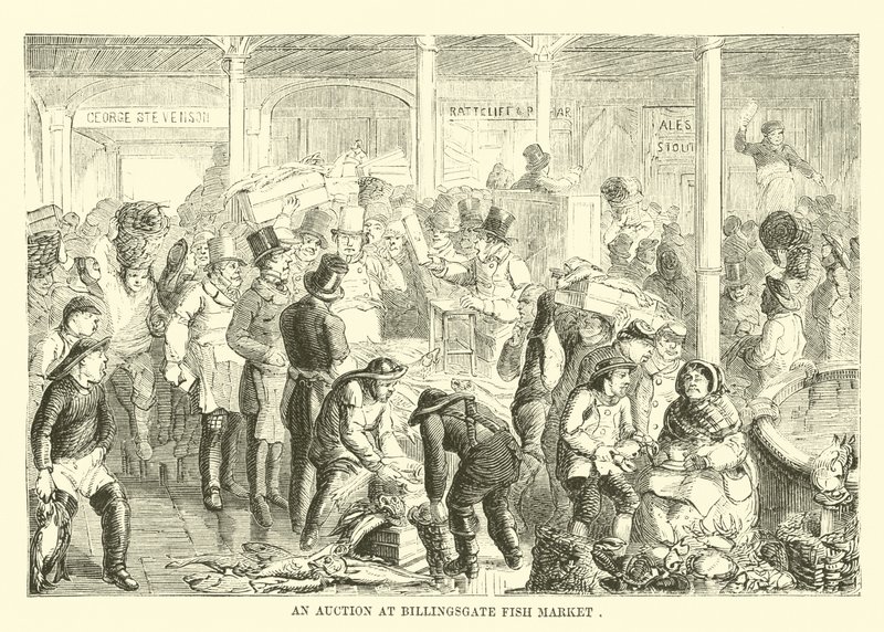 An Auction at Billingsgate Fish Market by English School