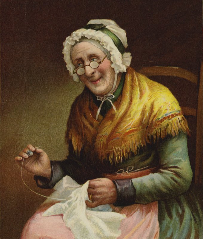 An old woman sewing for the poor by English School