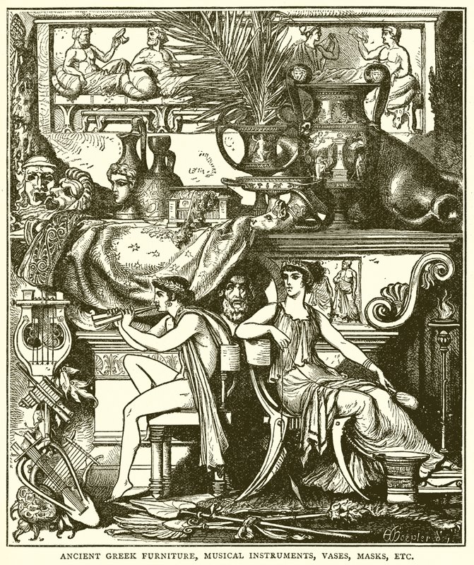 Ancient Greek Furniture, Musical Instruments, Vases, Masks, Etc. by English School