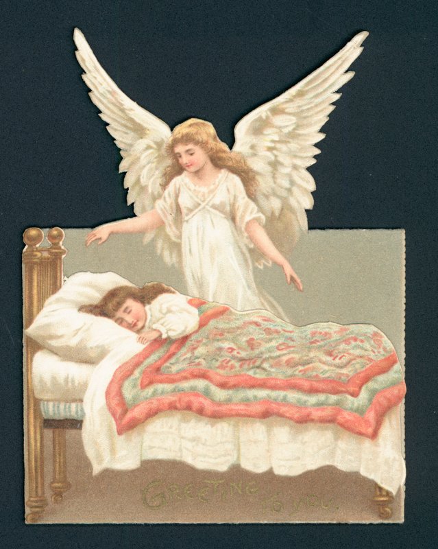 Angel Overlooking Girl Asleep in Bed, Victorian Scrap by English School