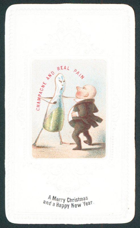 Angry Champagne Bottle punching man, Christmas Card by English School