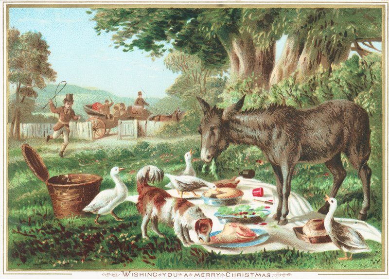 Animals eating the picnic by English School
