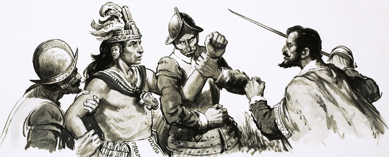 Atahualpa, the Inca god-king, came to meet the invading Spaniards in a friendly manner by English School