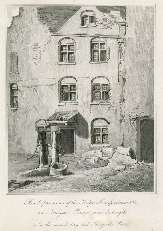 Back premises of the Keepers Compartment in Newgate Prison. In the second story died the poet Richard Savage by English School