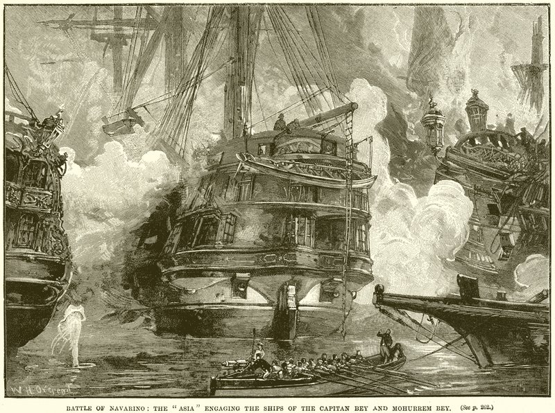Battle of Navarino: The Asia engaging the Ships of the Capitan Bey and Mohurrem Bey by English School