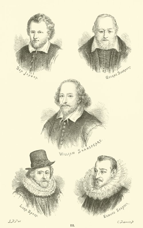 Ben Jonson, George Buchanan, William Shakespeare, Lord Bacon, Edmund Spenser by English School