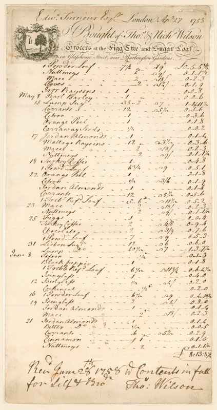 Bill for Goods Bought from Thomas & Nicholas Wilson, Grocers by English School