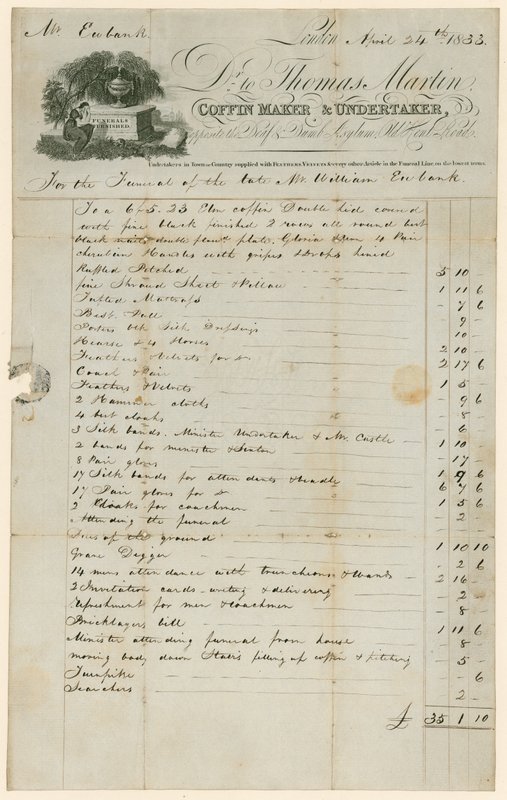 Bill from Thomas Martin, Coffin Maker & Undertaker in Relation to the Funeral of Mr. William Eubank by English School