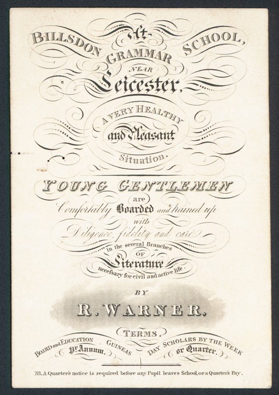 Billsdon Grammar School, trade card by English School