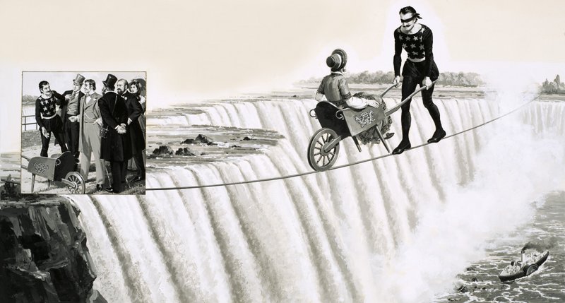 Blondin Pushes a Wheelbarrow Across a Tightrope Over Niagara Falls by English School