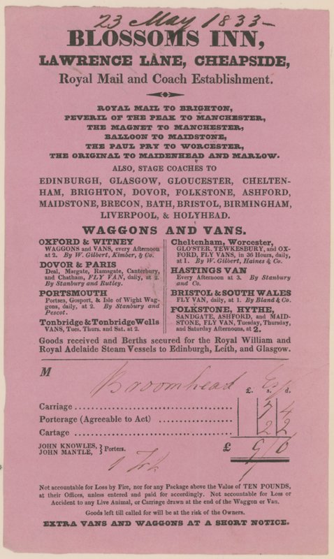 Blossoms Inn, Lawrence Lane, Cheapside, Bill by English School