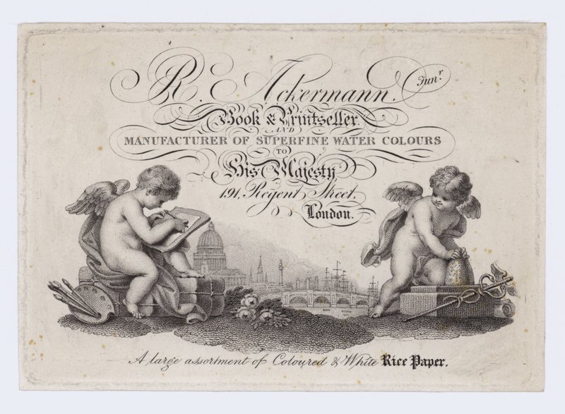 R Ackermann Junior Book and Printseller, trade card by English School