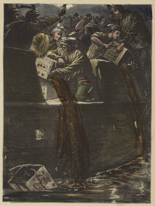 Boston boys disguised as Indians throwing the tea chests into the harbour by English School