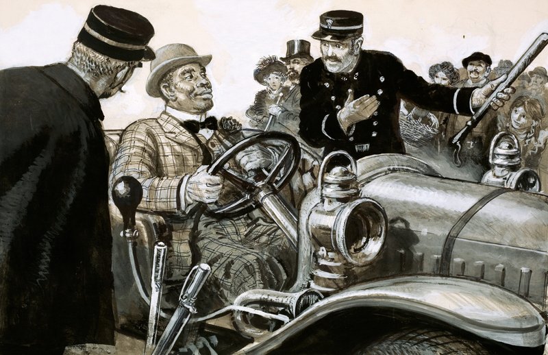 Boxer Jack Johnson at the wheel of a racing car by English School