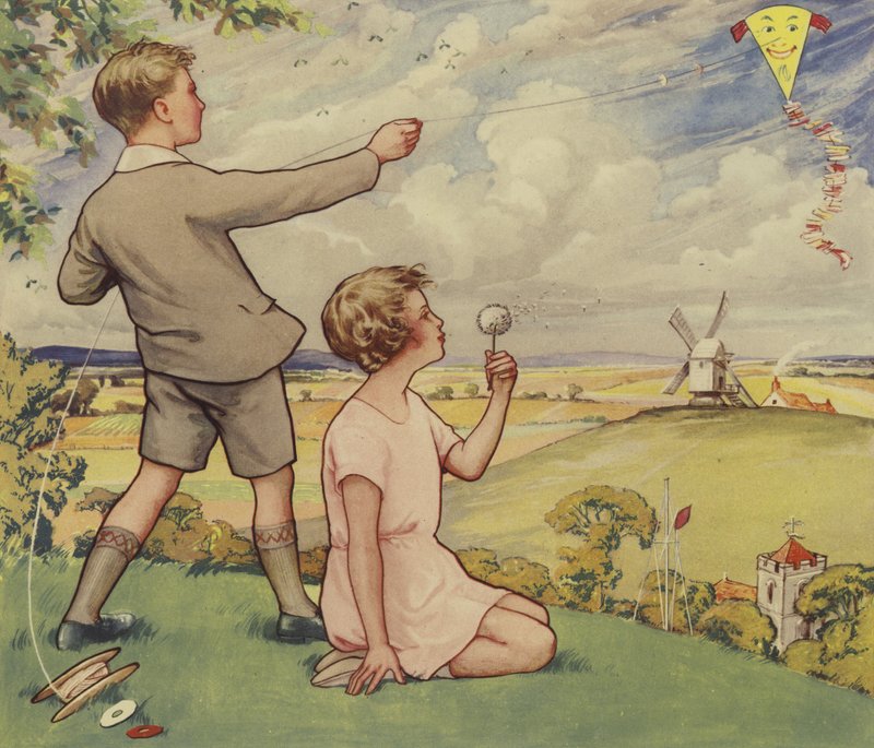 Boy and girl flying a kite by English School