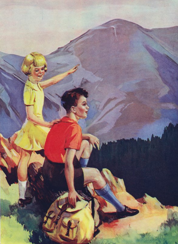 Boy and girl hiking in the mountains by English School