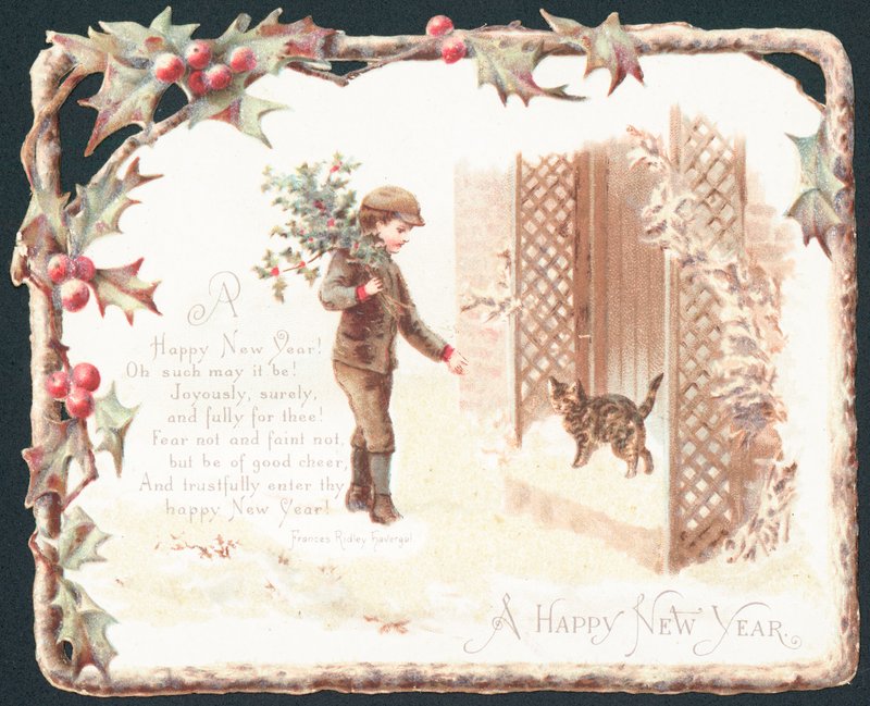 Boy Carrying Holly Branches Talking to Cat, New Year Card by English School