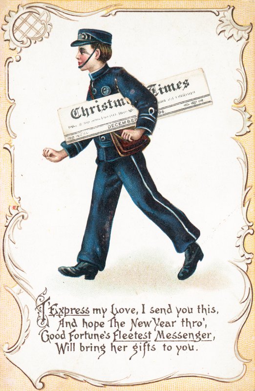 Boy Delivering Christmas Times Newspaper, Christmas Card by English School
