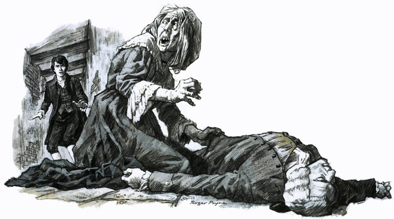 Boy discovering a woman crouched over a body by English School