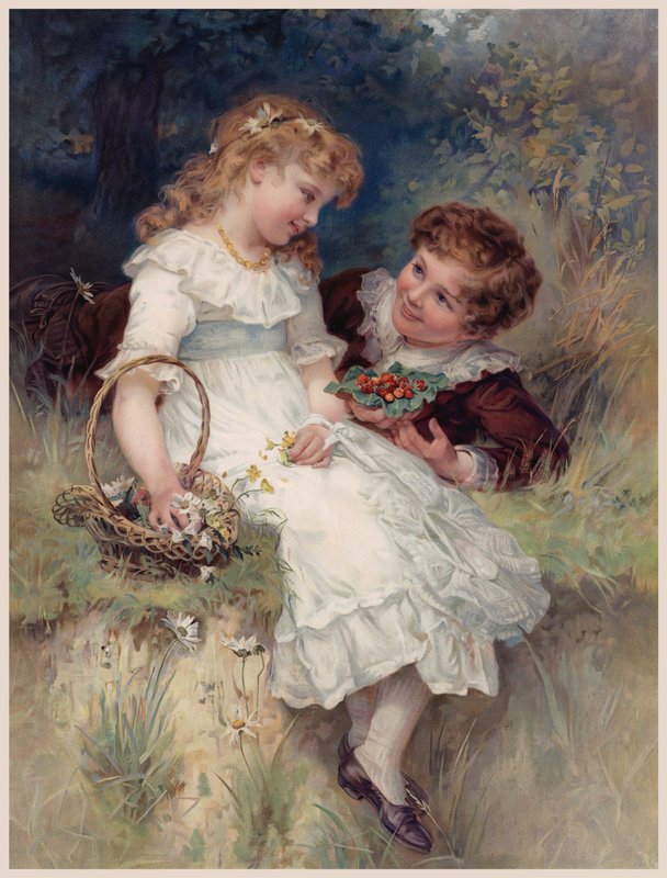 Boy Offering Wild Strawberries to His Girlfriend by English School