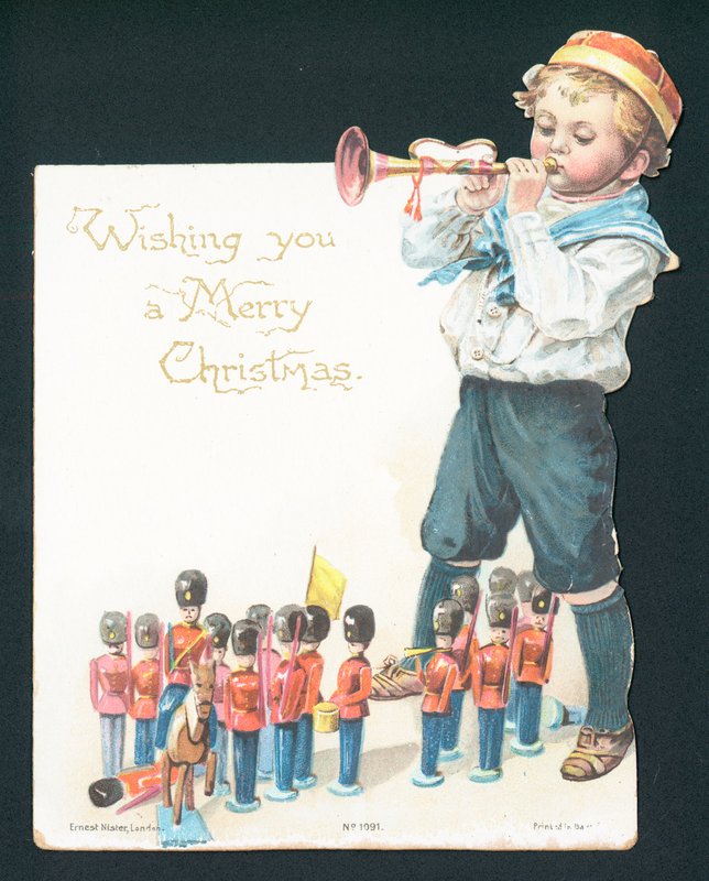 Boy playing with toy soldiers and blowing trumpet by English School