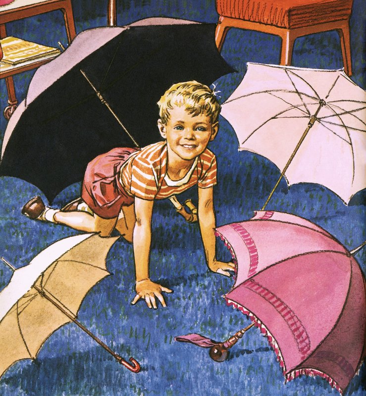 Boy Playing with Umbrellas by English School