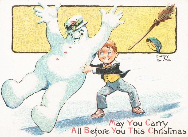 Boy pushing Snowman on ice by English School