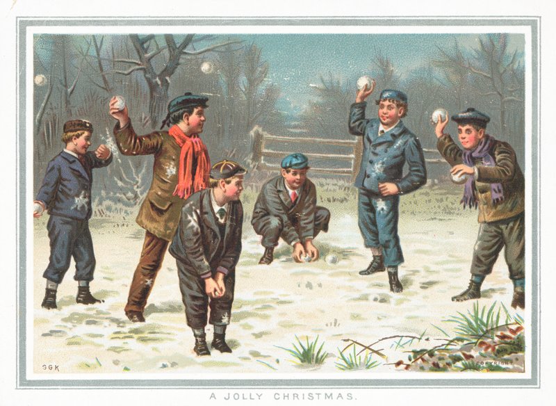 Boys having a snowball fight by English School
