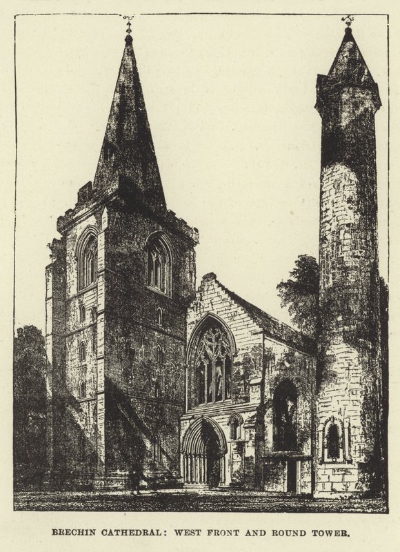 Brechin Cathedral, West Front and Round Tower by English School