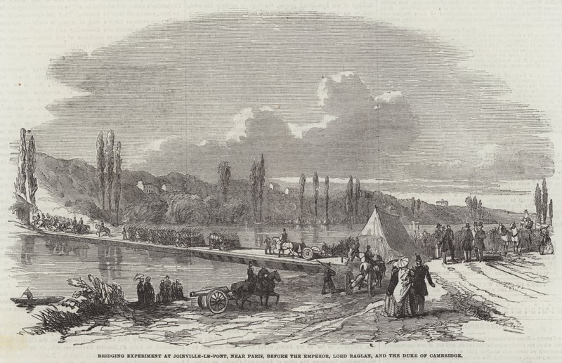 Bridging Experiment at Joinville-le-Pont, near Paris, before the Emperor, Lord Raglan, and the Duke of Cambridge by English School
