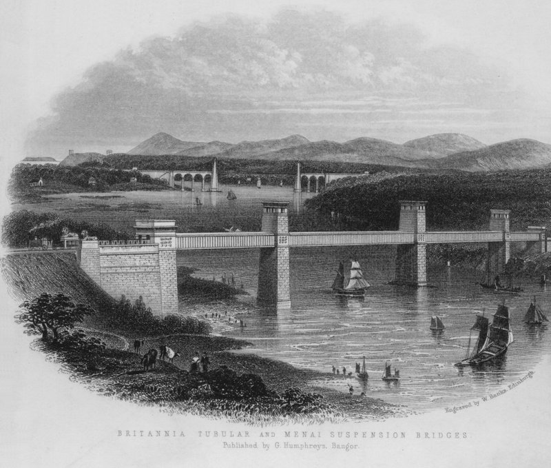 Britannia Tubular and Menai Suspension Bridges by English School