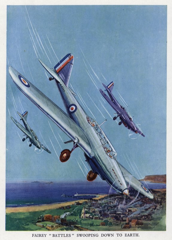 British Fairey Battle light bombers diving towards the ground by English School