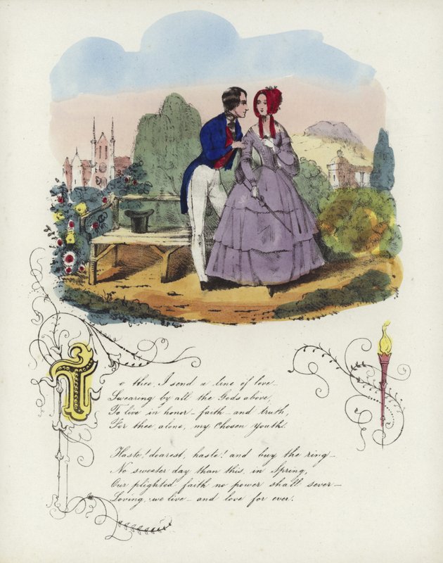 Valentine card with an image of a man and a woman walking in a garden by English School