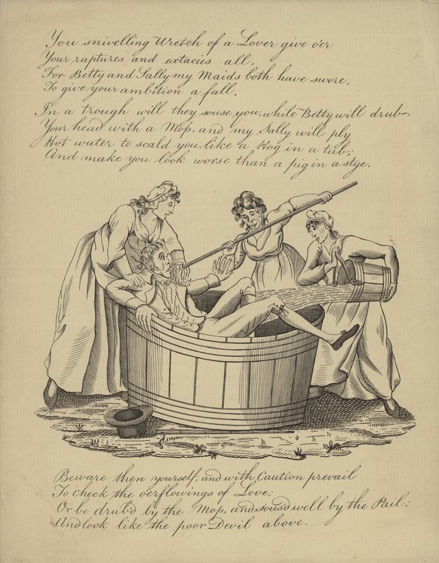 Valentine card with an image of a man being bathed by English School