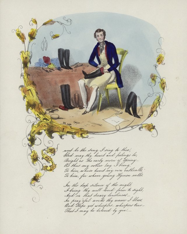 Valentine card with an image of a man repairing boots by English School